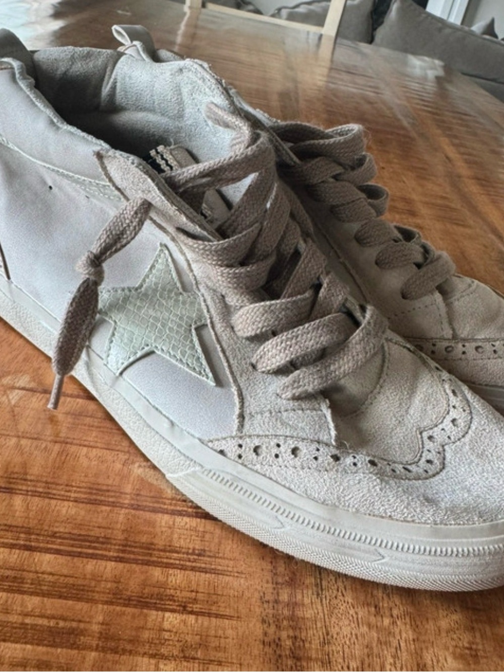 ShuShop Beige Suede Star High-Top Sneakers